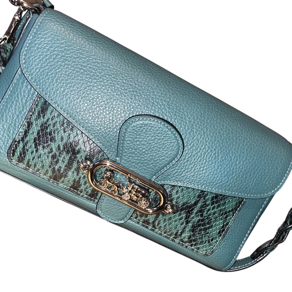 Coach Jade Shoulder Bag Piecing Teal Sage Snake Embossed Horse Carriage EUC